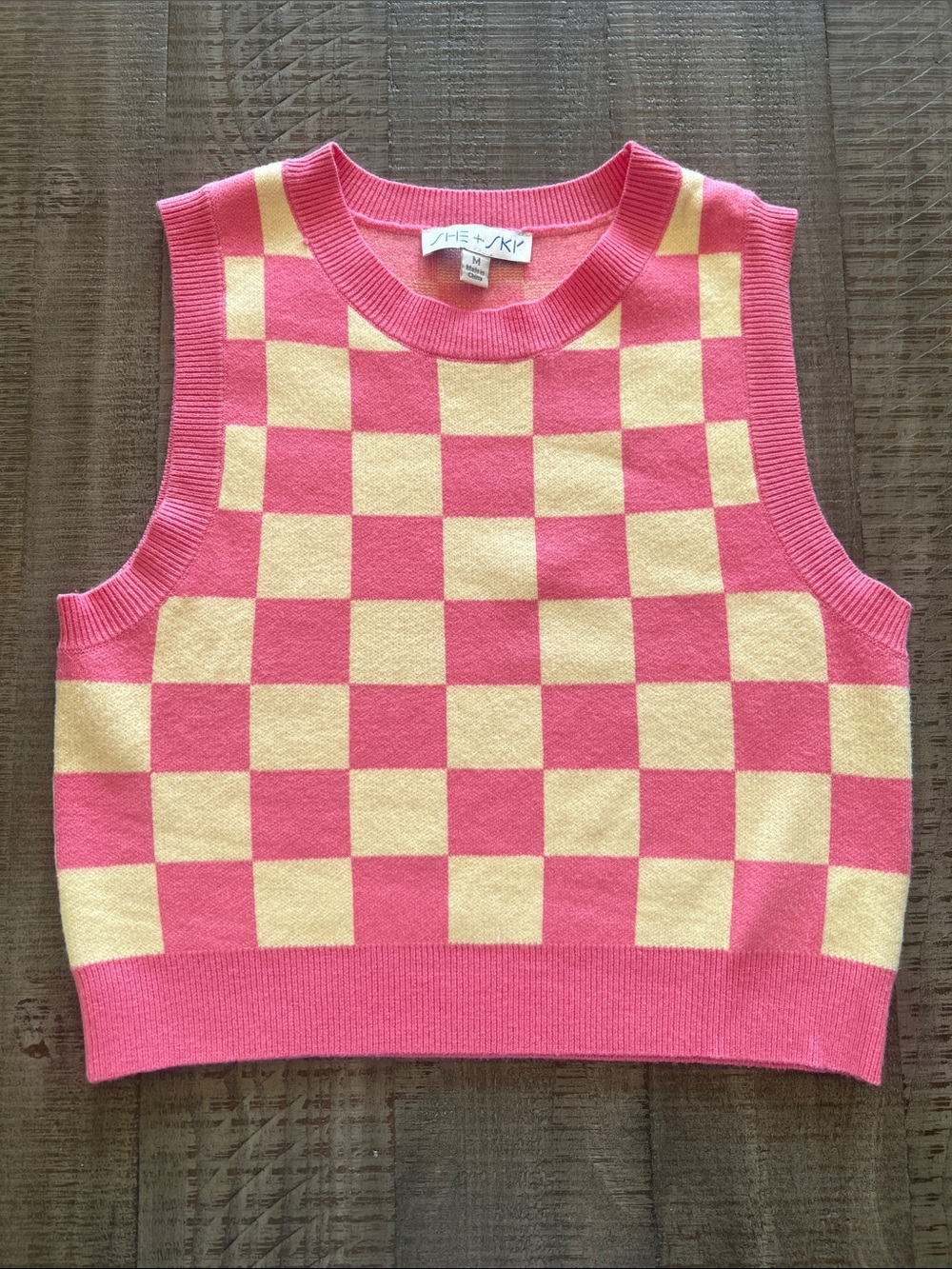 She + Sky Checkerboard Crop Tank in Hot Pink and Pale Yellow